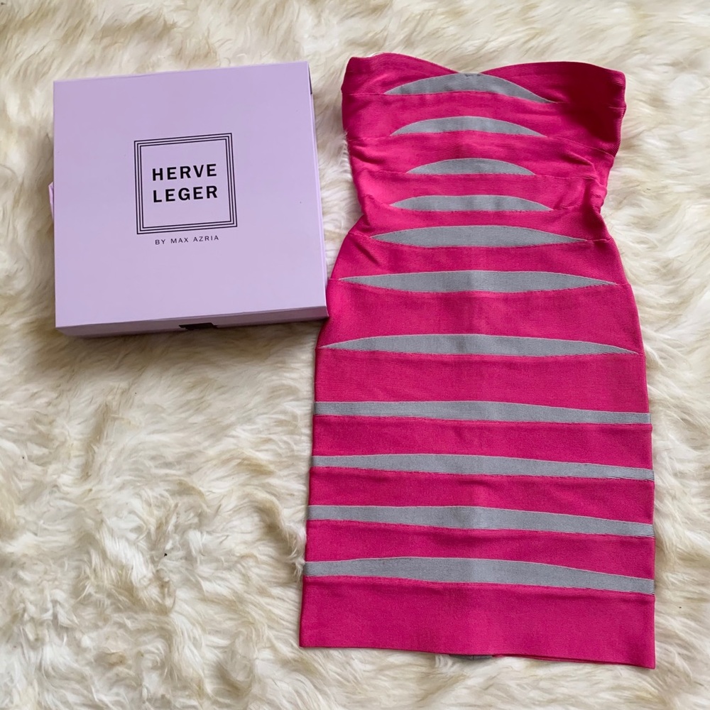 🎉 SALE Herve Leger Pink Grey Bandage Strapless Mini Dress